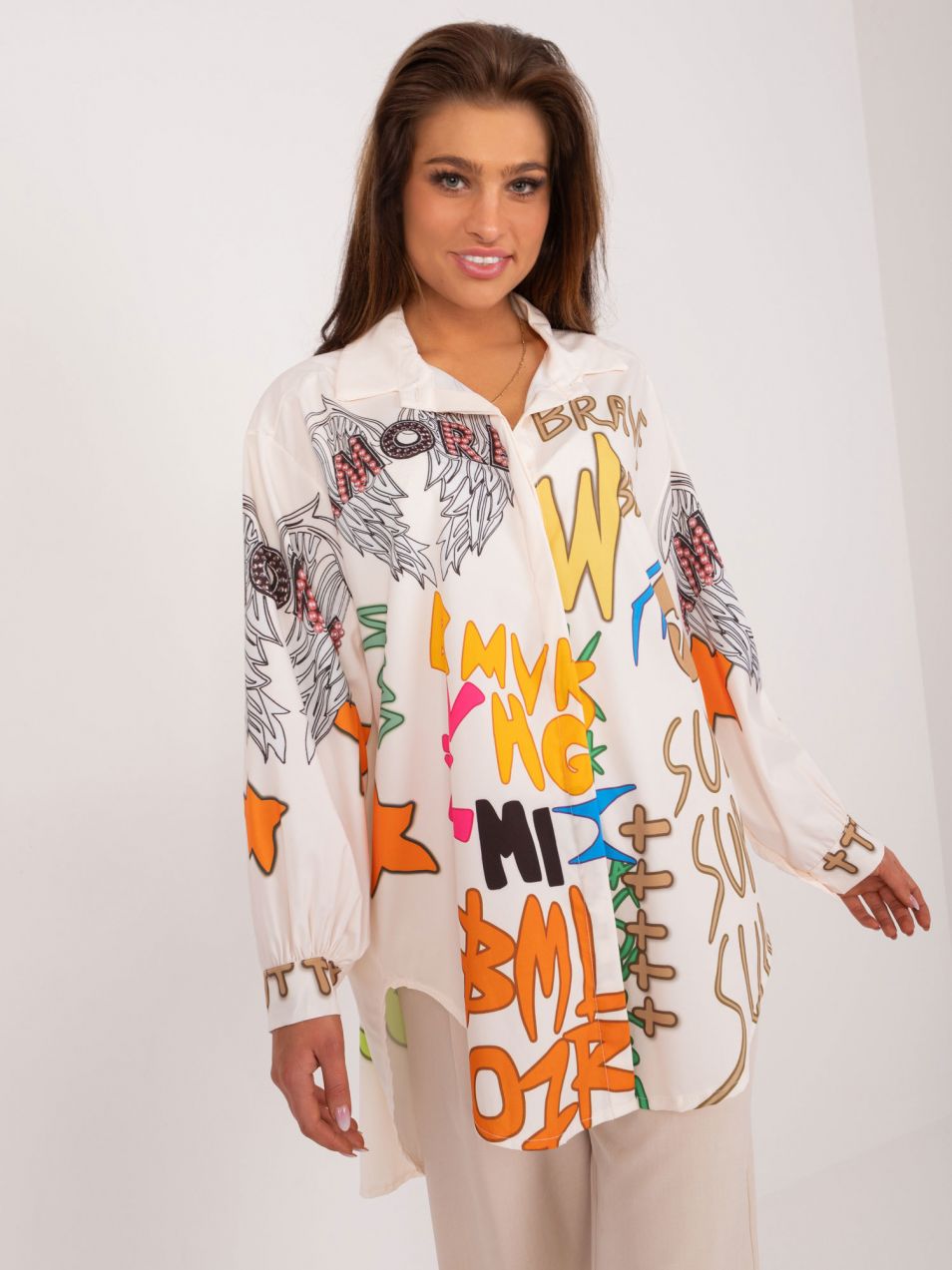 Cream women's oversize shirt with inscriptions