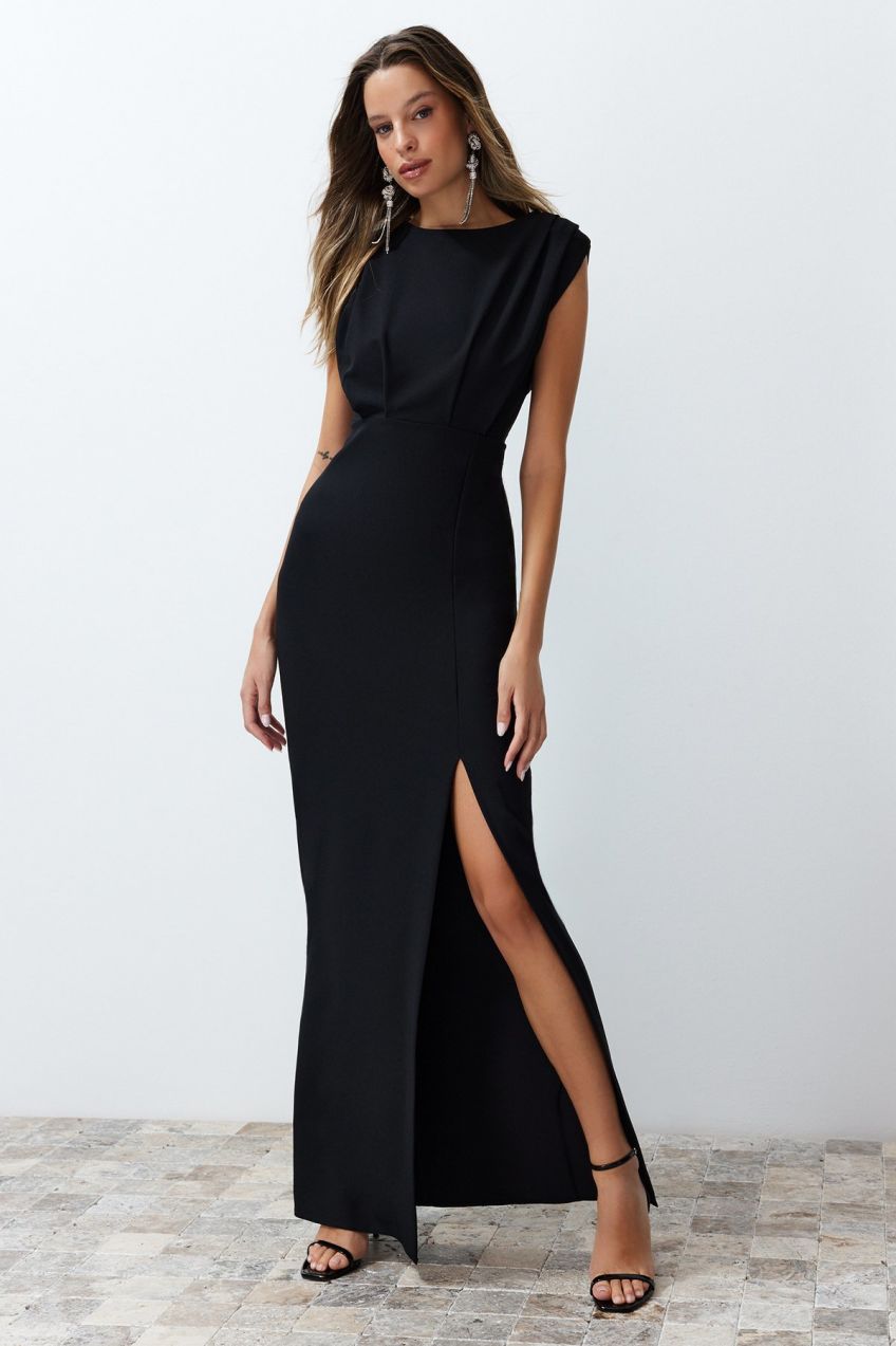 Trendyol Black Padded Woven Long Evening Dress