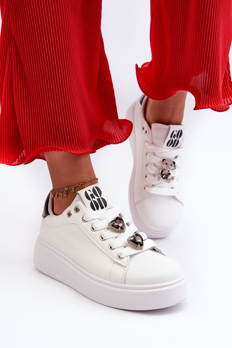 Women's Platform Sneakers with Heart Pins, White Azamia