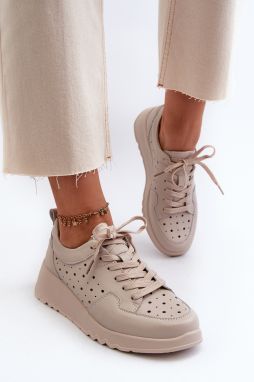 Openwork women's wedge sneakers, natural leather, beige S.Barski