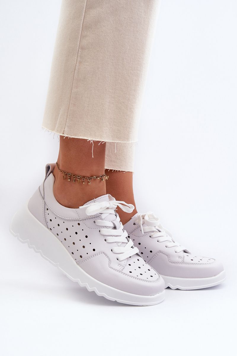 Openwork women's wedge sneakers, natural leather, light gray S.Barski