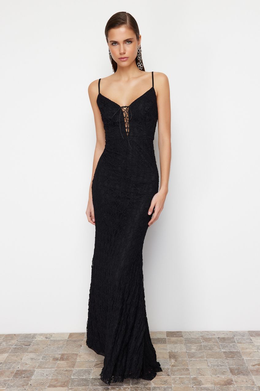 Trendyol Black Lace Detailed Knitted Lace Long Evening Dress