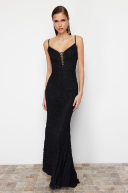 Trendyol Black Lace Detailed Knitted Lace Long Evening Dress