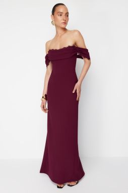 Trendyol X Zeynep Tosun Plum Knitted Carmen Collar Lace Long Evening Dress & Graduation Dress