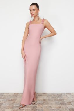 Trendyol Pink Fitted Floral Detailed Woven Long Evening Evening Dress