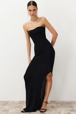Trendyol Black Body-Fitting Lined Shiny Knitted Long Evening Dress
