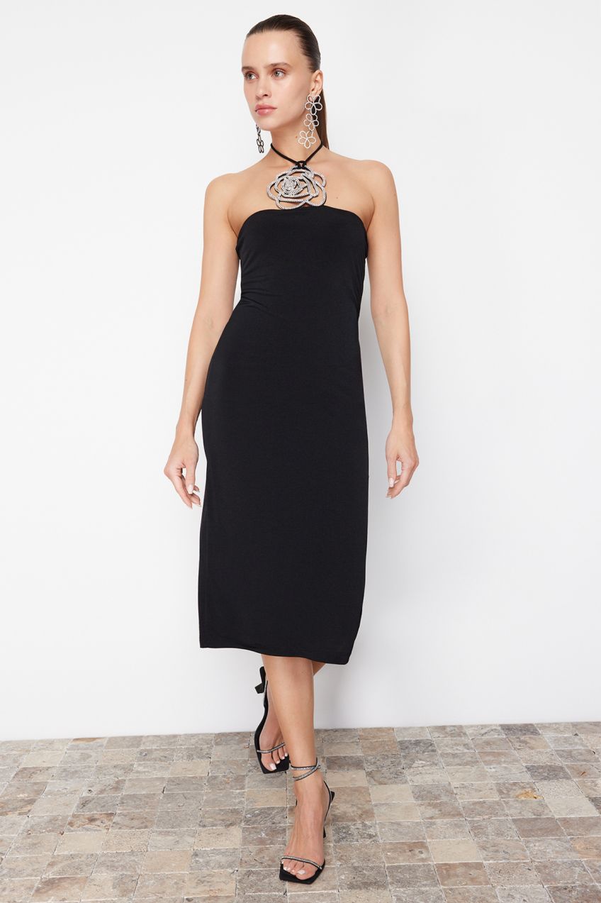 Trendyol Black Lined Knitted Elegant Evening Dress with Shiny Stone Accessories