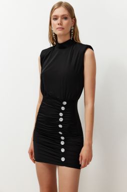 Trendyol Black Fitted Shiny Stone Knitted Satin Short Elegant Evening Dress