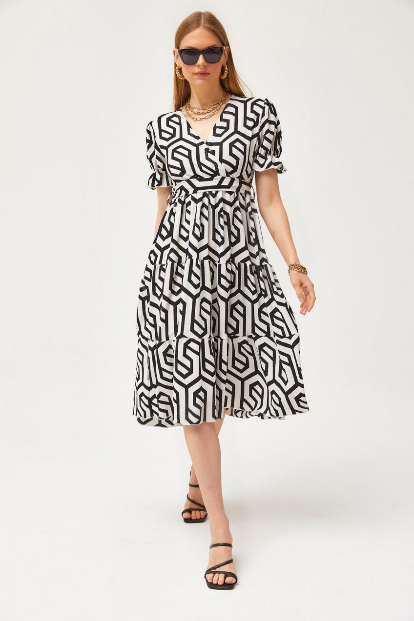 Olalook Women's Black Belted Double Breasted Patterned Dress