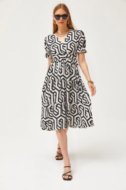 Olalook Women's Black Belted Double Breasted Patterned Dress