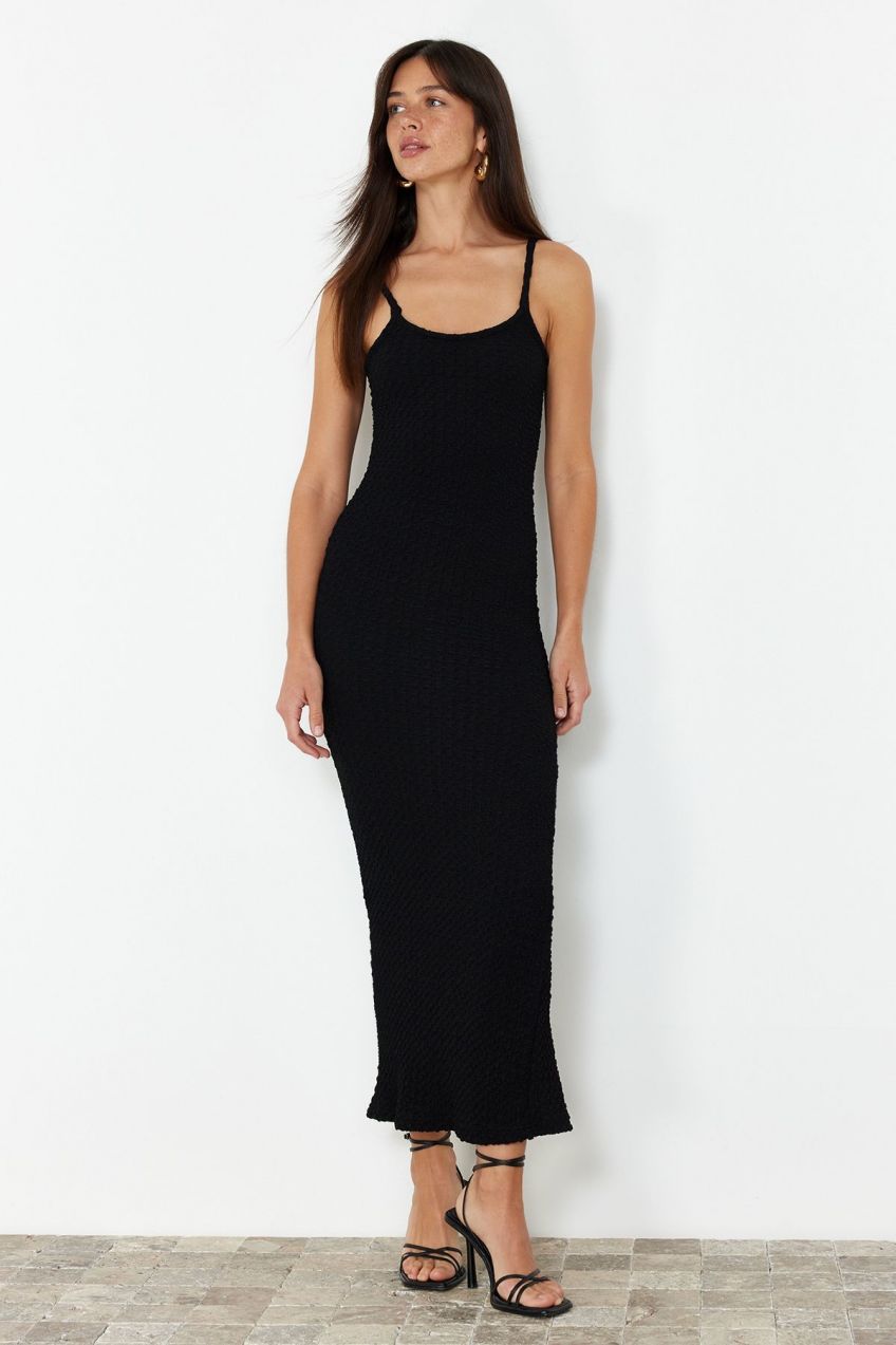 Trendyol Black Textured Plain Bodycone/Fit Strap Maxi Flexible Knitted Pencil Dress