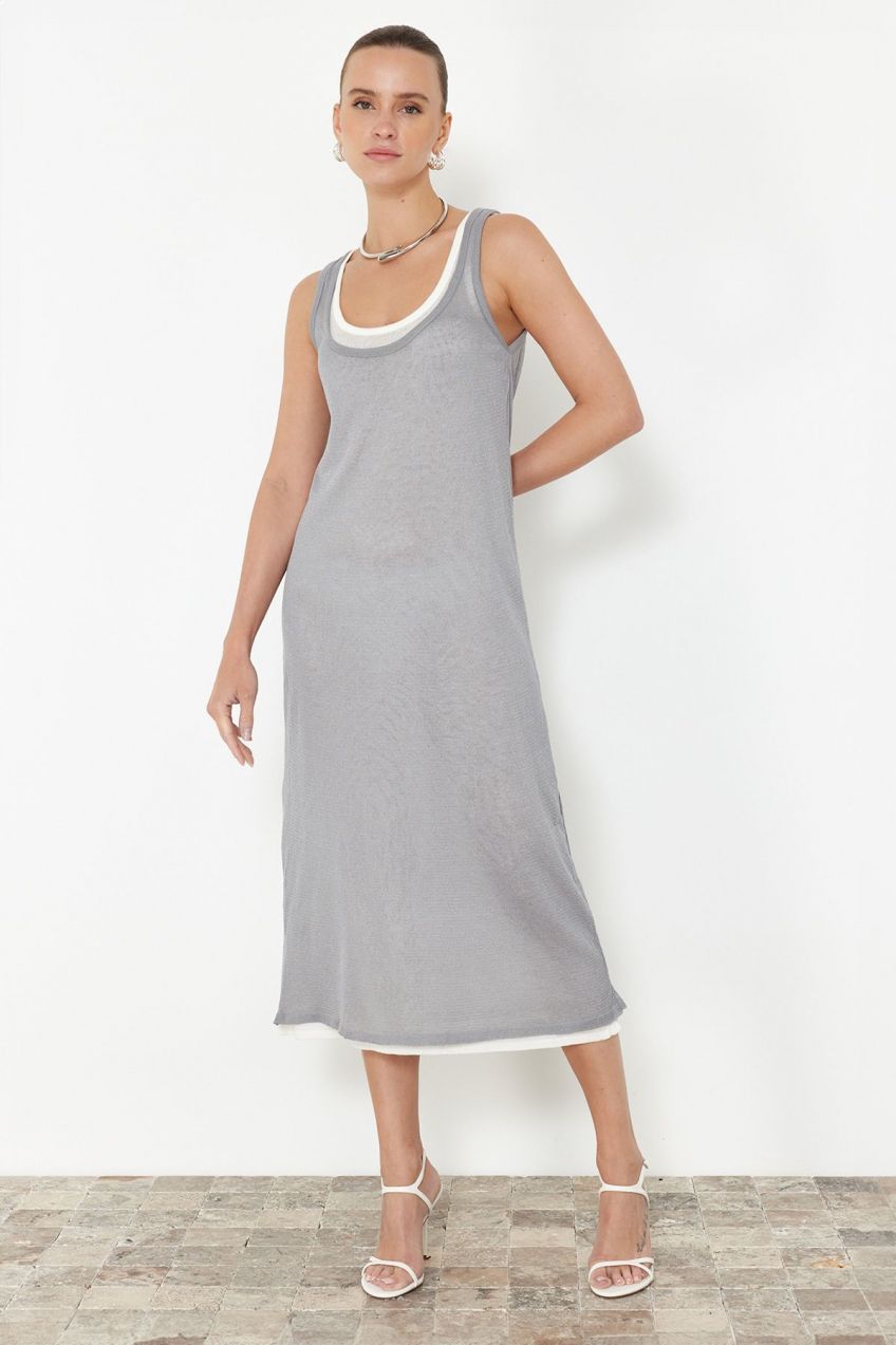 Trendyol Gray Plain Shift Double Layer Single Plate Maxi Dress