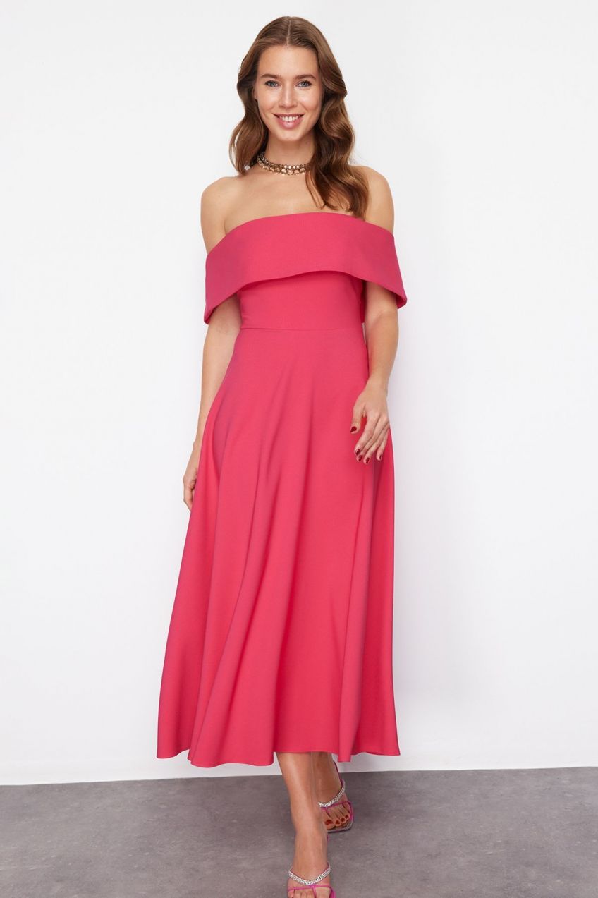 Trendyol Fuchsia Carmen Collar A-Line Woven Elegant Evening Dress