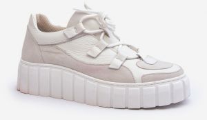 Women's leather sports shoes on the Zazoo platform light beige