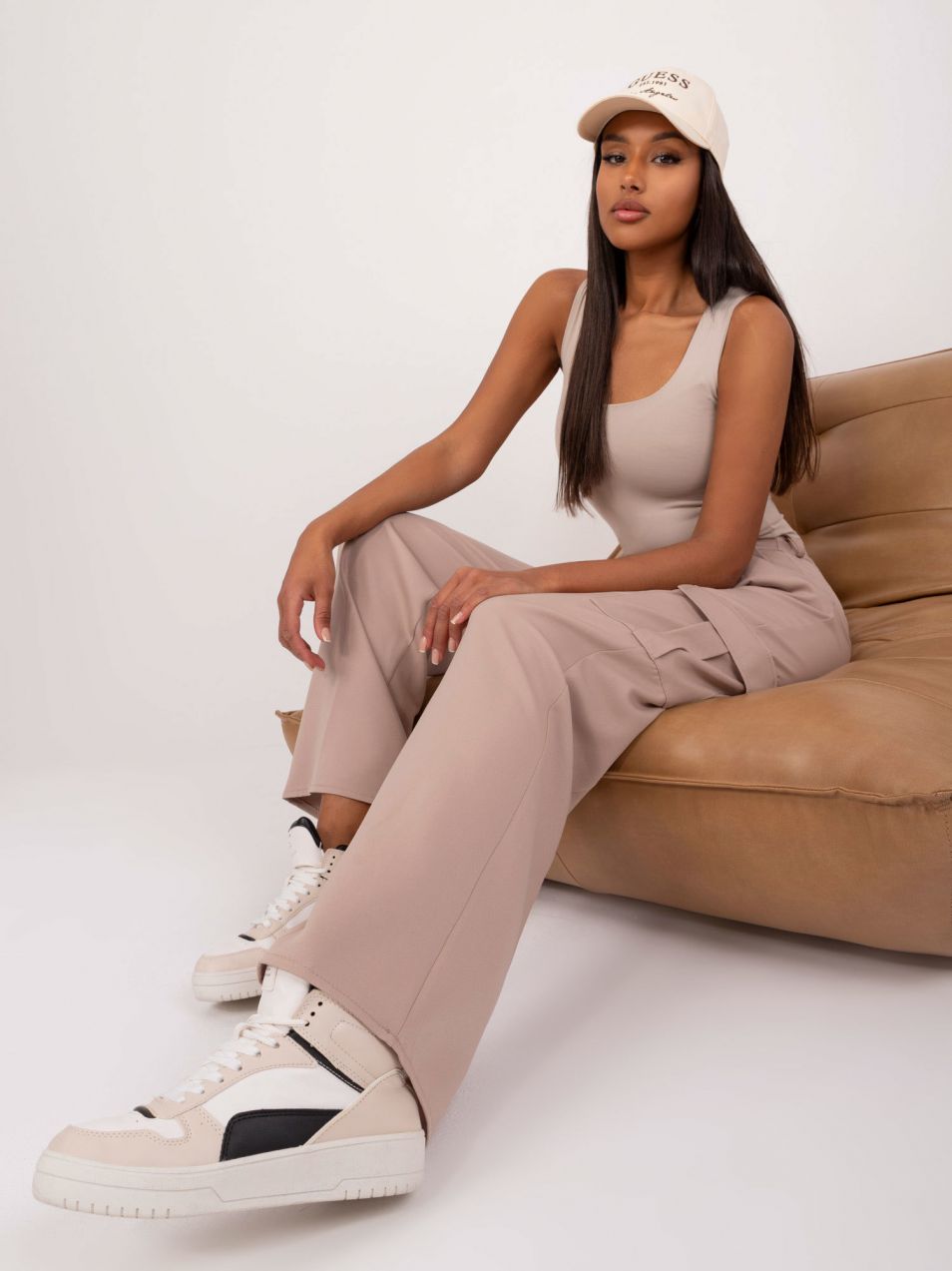 Beige women's fabric cargo pants