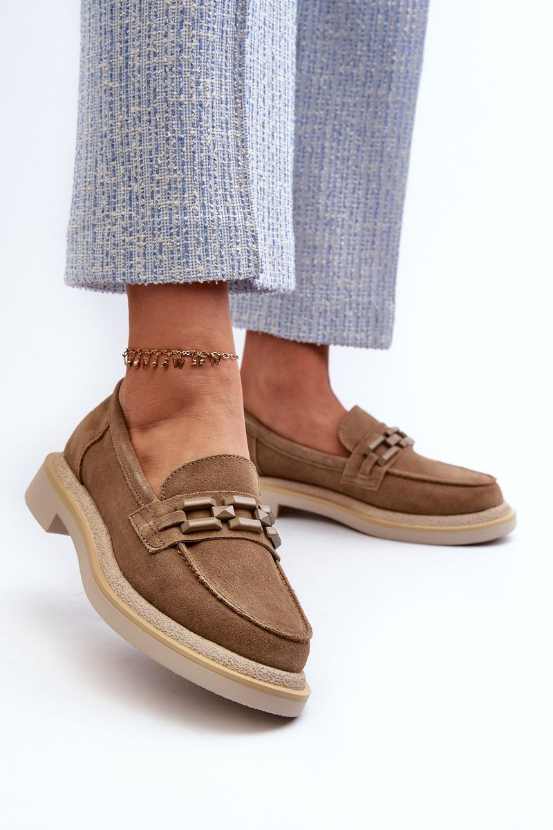 Women's suede loafers with flat heels with D&A Brown embellishment