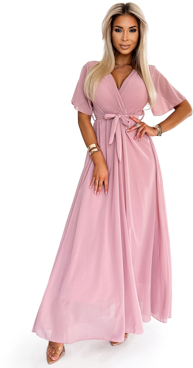 Long dress with a pleated neckline and Numoco ties