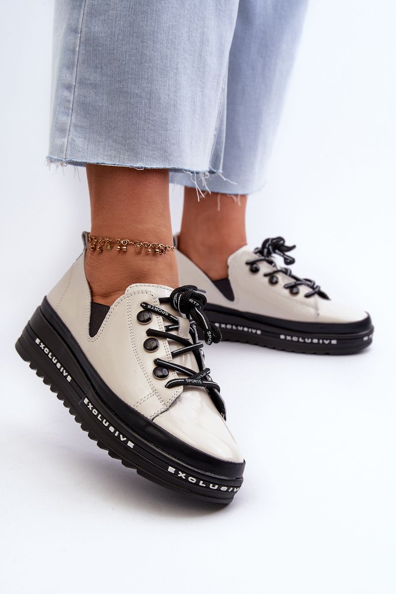 Women's lace-up platform shoes, natural leather S.Barski beige