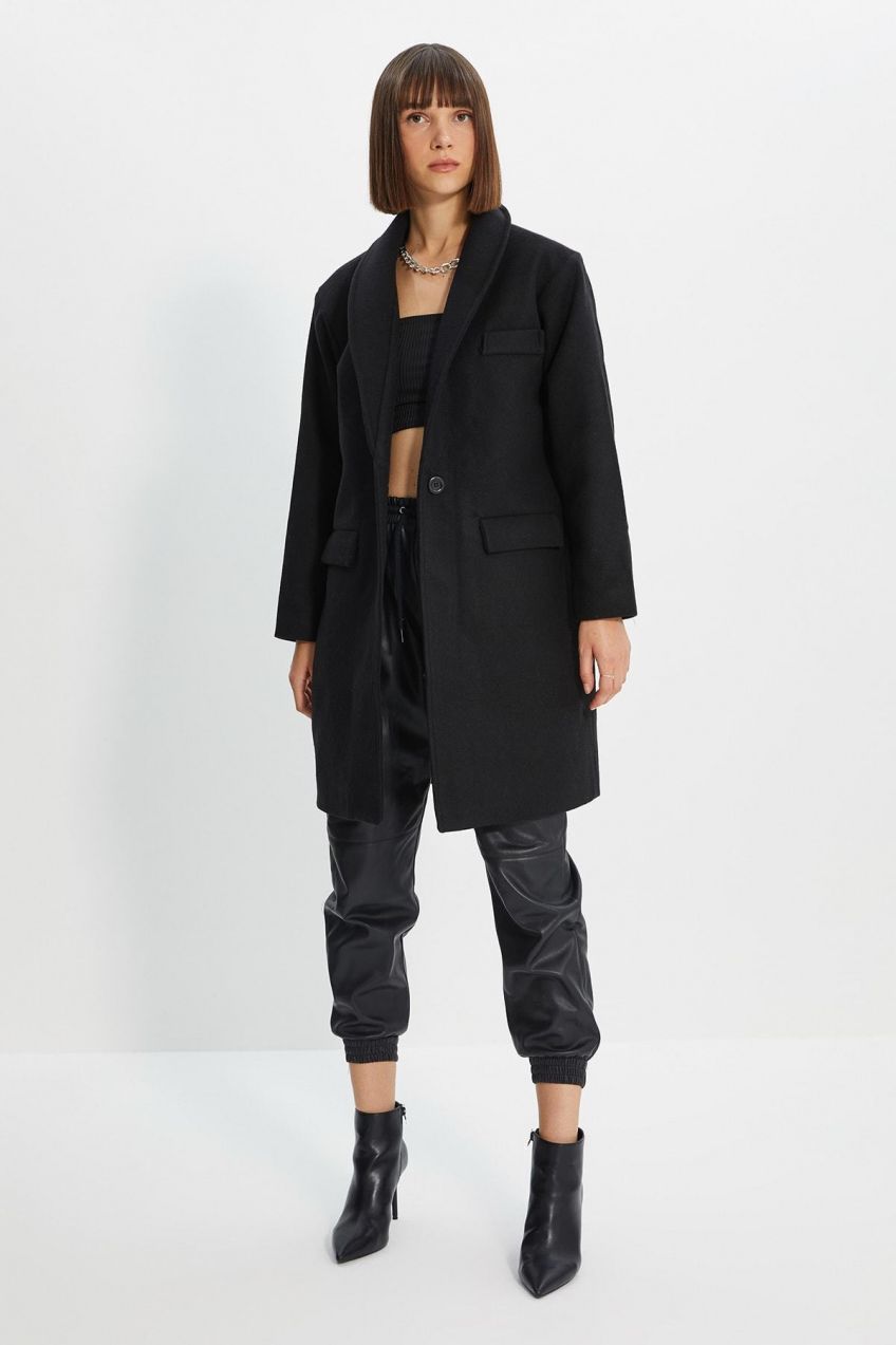 Trendyol Black široký strih oversize na gombíky klasický kolkový kabát