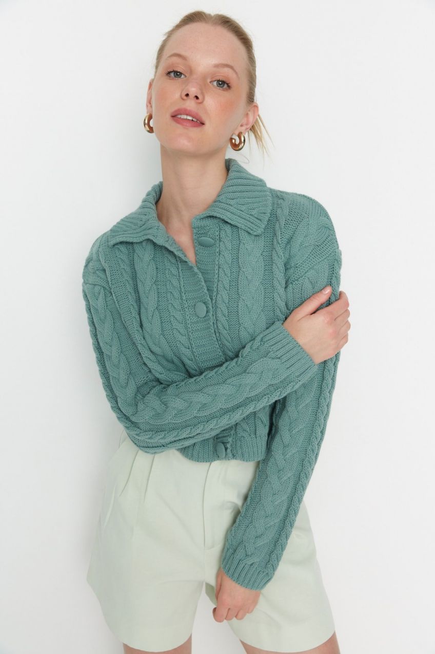 Trendyol Mint Crop Button Detailed Polo Neck Knitwear Cardigan