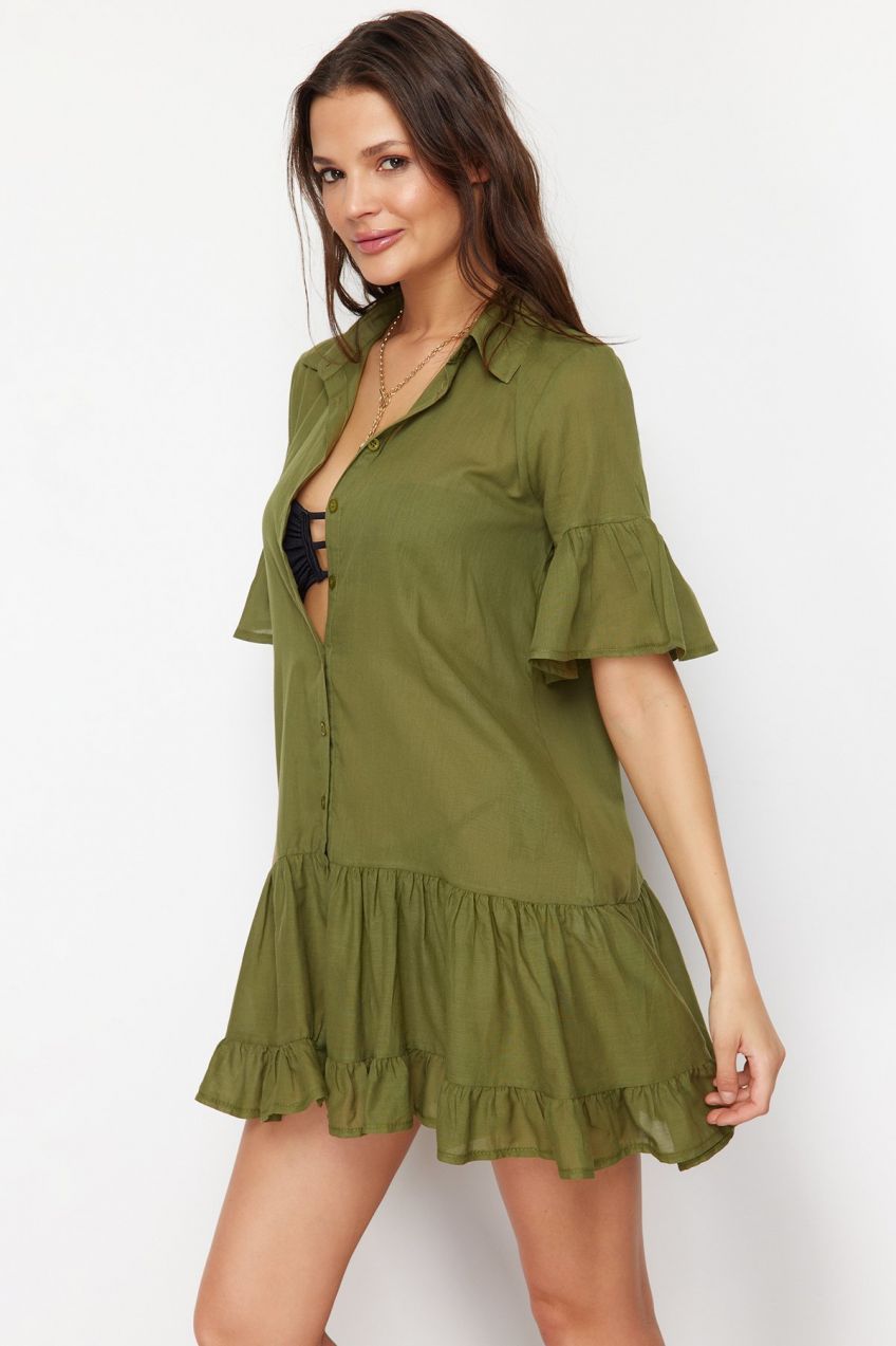 Trendyol Khaki Mini Woven Ruffled 100% Cotton Beach Dress