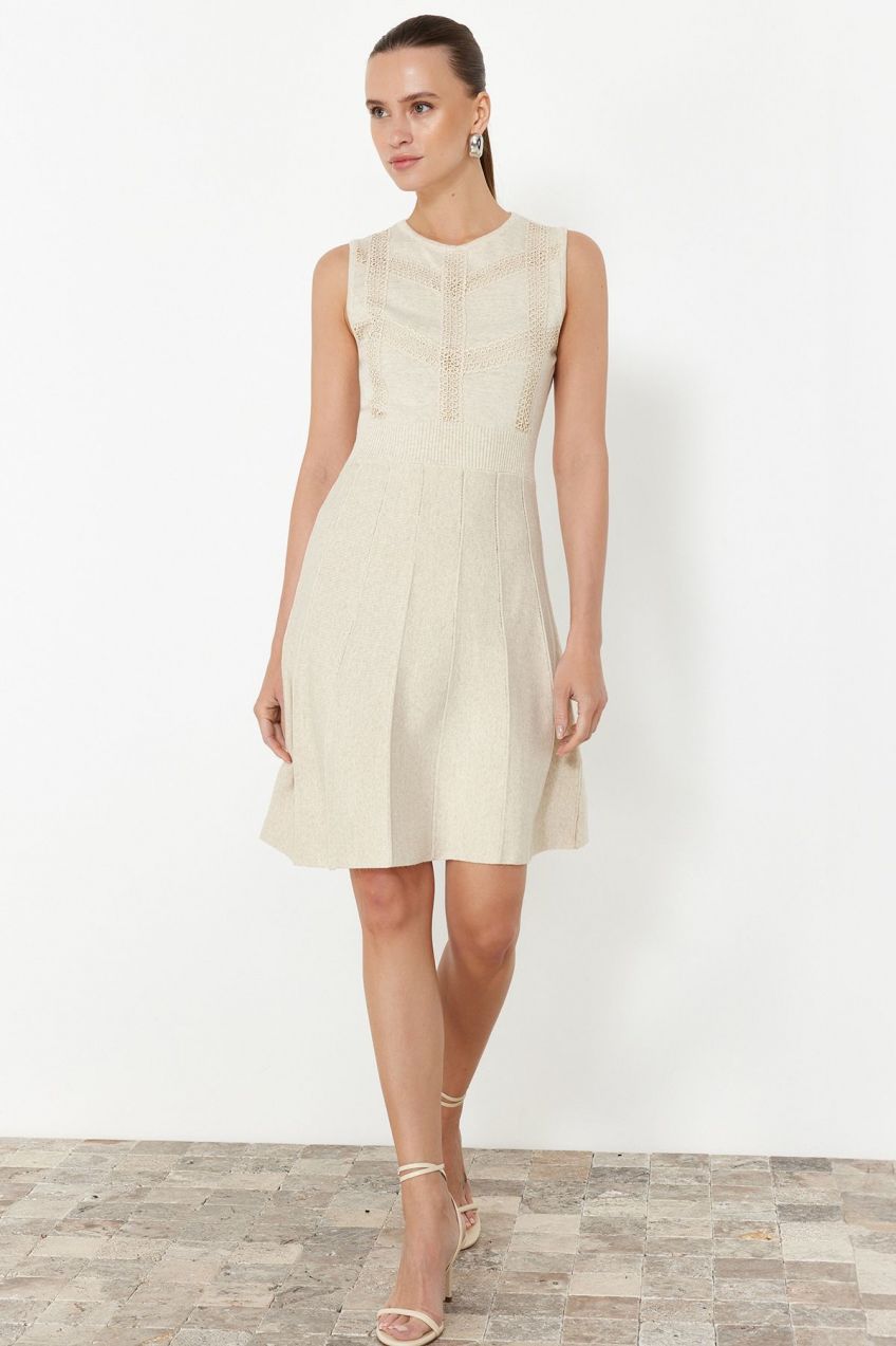 Trendyol Stone Plain A-line Ruched Single Plate Midi Dress