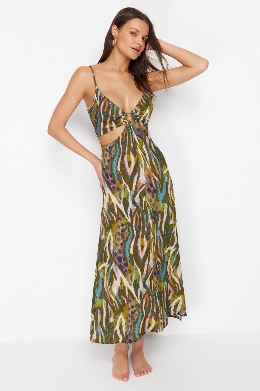 Trendyol Abstract Patterned Maxi Woven Cut Out/Window Beach Dress