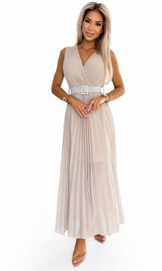 Women's pleated dress with a wide belt and a neckline Numoco