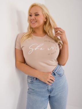 Beige plus size T-shirt with rhinestone appliqué