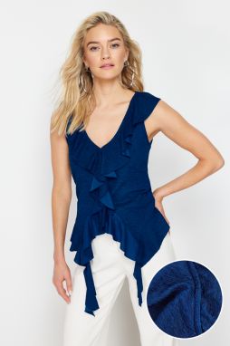 Trendyol Indigo Flounced Fitted/Fitted V-Neck Stretch Knitted Blouse