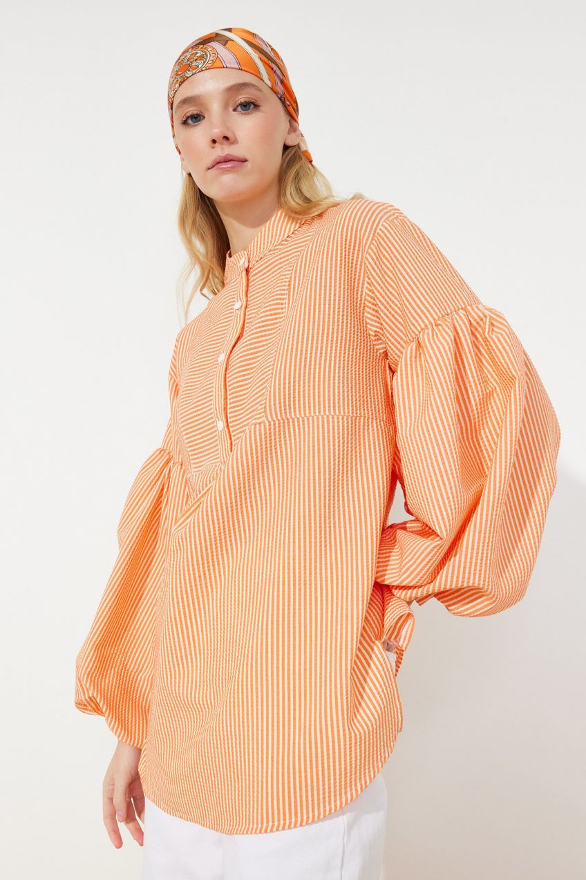 Trendyol Orange Balloon Sleeve Seersucker Woven Tunic