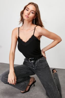 Trendyol Black Lace Detailed V-Neck Strap Stretchy Knitted Blouse
