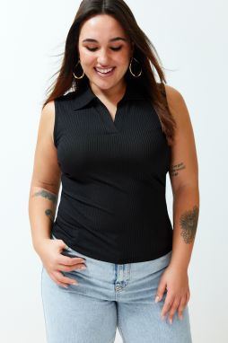 Trendyol Curve Black Fitted Polo Neck Flexible Knitted Blouse