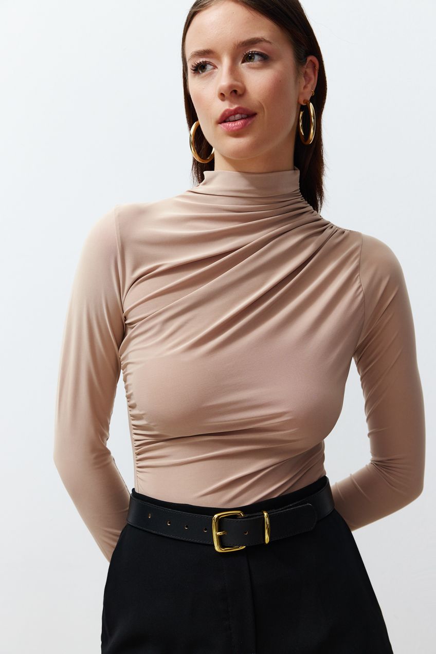 Trendyol Stone Gathered Square Neck Fitted Elastic Knitted Blouse