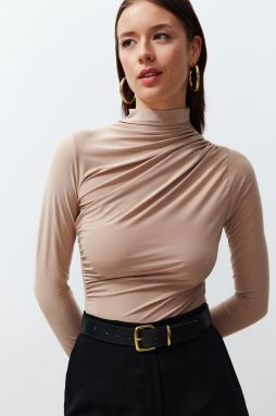 Trendyol Stone Gathered Square Neck Fitted Elastic Knitted Blouse