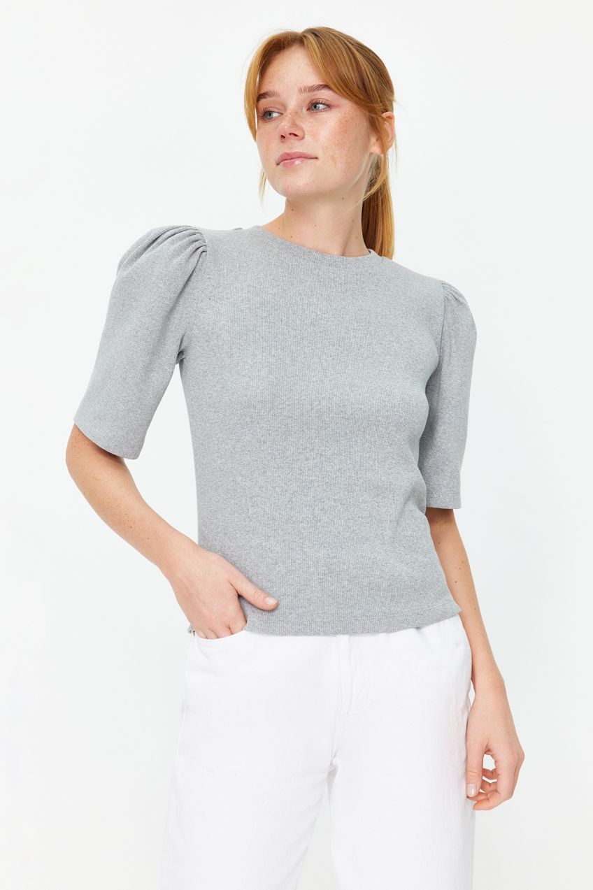 Trendyol Gray Melange Balloon Sleeve Crew Neck Ribbed Flexible Knitted Blouse