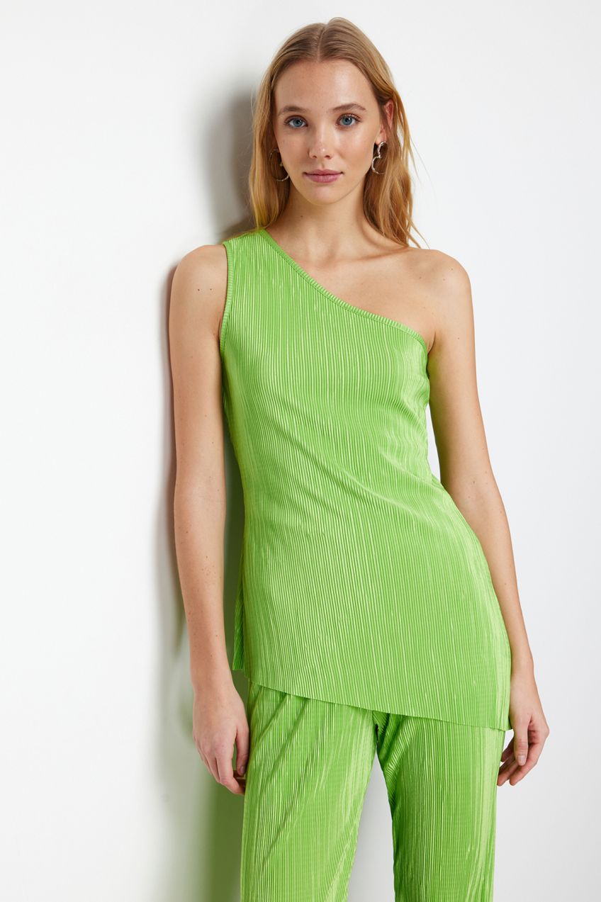 Trendyol Green Pleated Asymmetrical Collar Stretchy Knitted Blouse