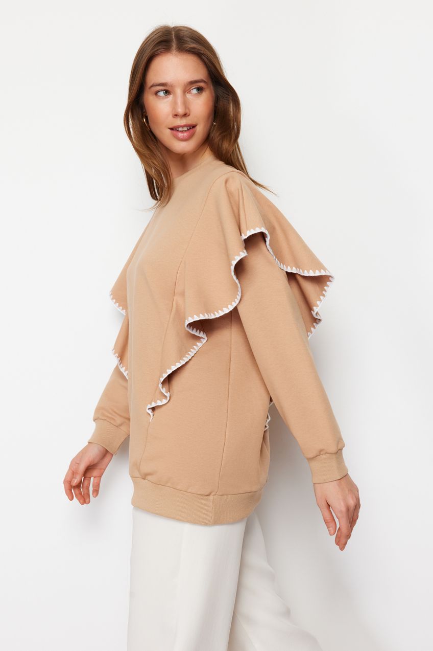 Trendyol Beige Ruffle and Piping Detailed Oversized Knitted Tunic