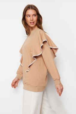 Trendyol Beige Ruffle and Piping Detailed Oversized Knitted Tunic