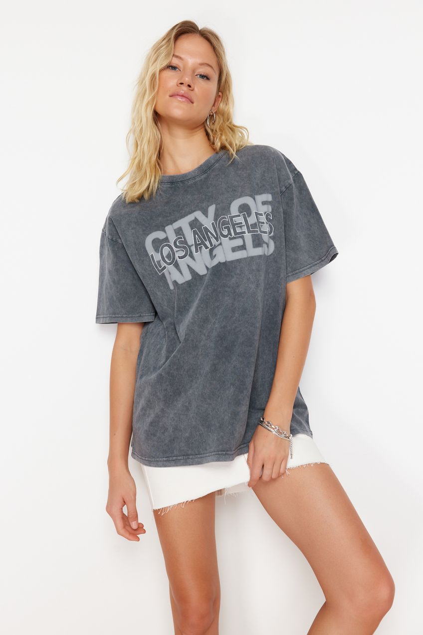 Trendyol Gray Oversize/Wide Fit Motto Printed Washed 100% Cotton Knitted T-Shirt