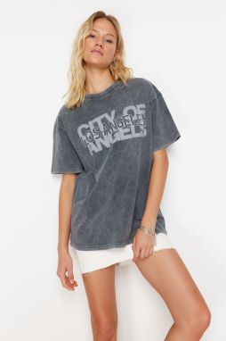 Trendyol Gray Oversize/Wide Fit Motto Printed Washed 100% Cotton Knitted T-Shirt