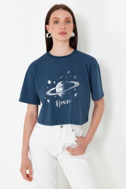 Trendyol Oil 100% Cotton Planet Printed Relaxed/Comfortable Fit Crop Knitted T-Shirt