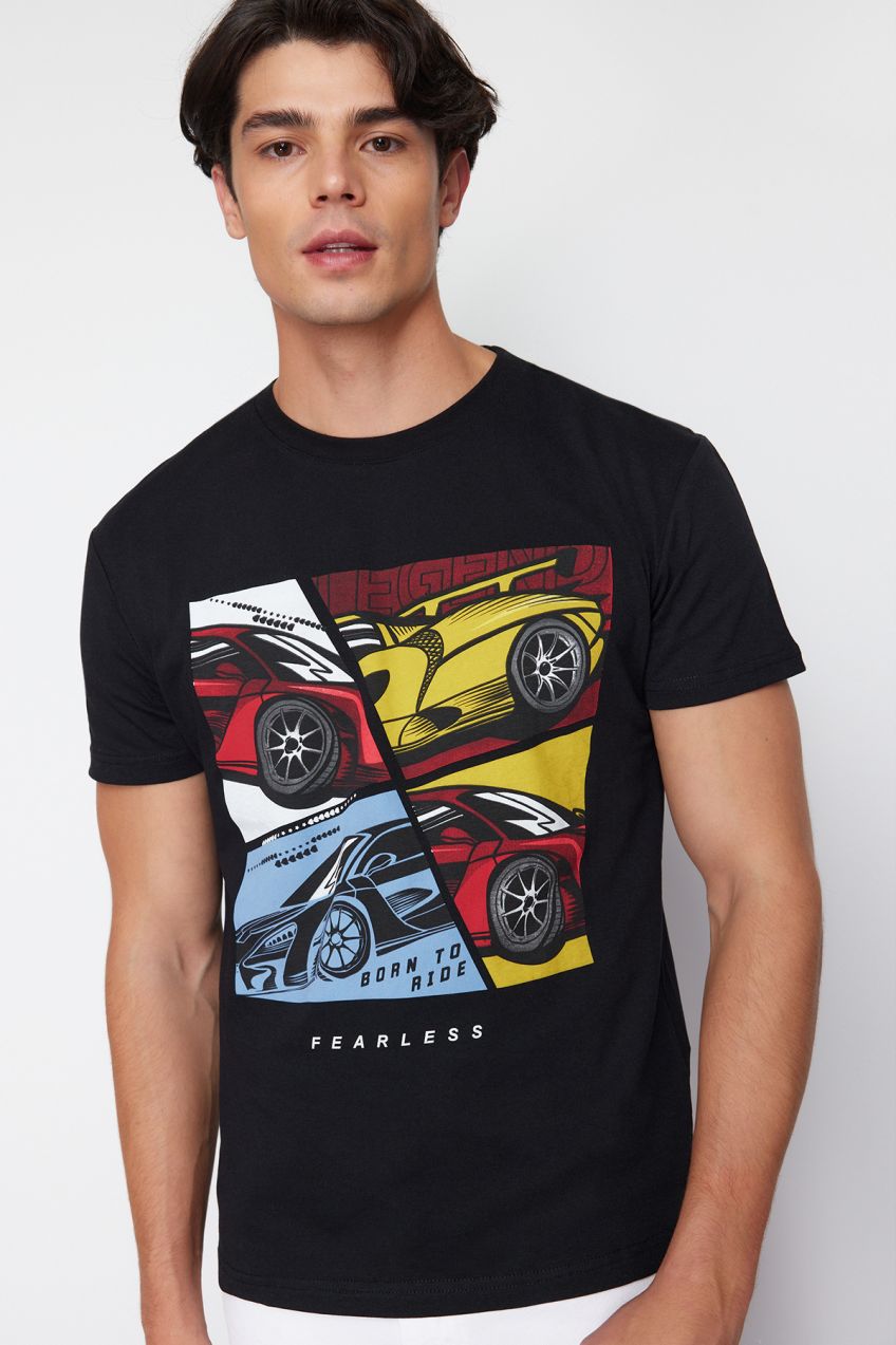 Trendyol Black Car Printed Relaxed/Comfortable Cut T-Shirt