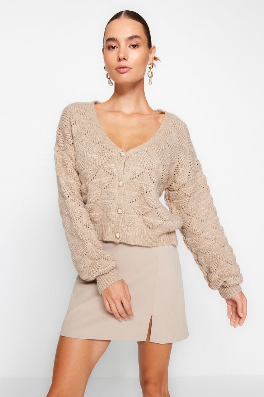 Trendyol Mink Openwork/Perforated V-Neck Knitwear Cardigan