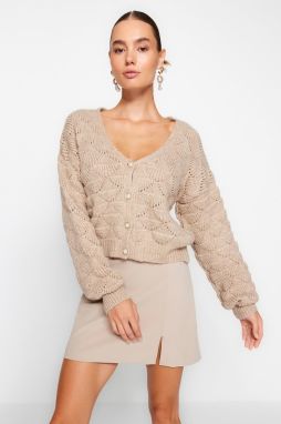Trendyol Mink Openwork/Perforated V-Neck Knitwear Cardigan