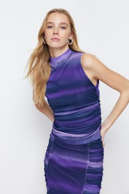 Trendyol Purple Tulle Abstract Patterned Regular Stand Collar Stretchy Knitted Blouse