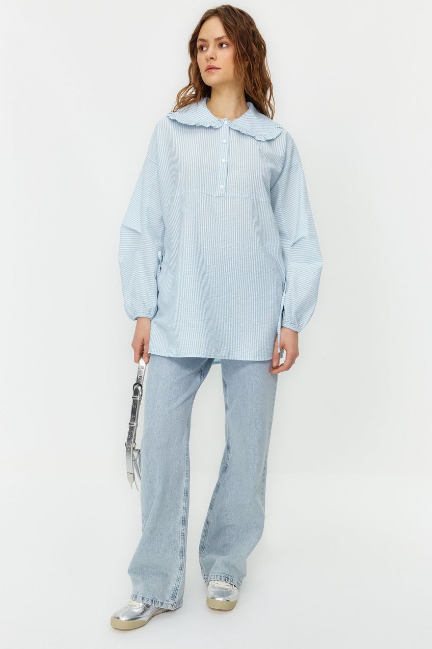 Trendyol Light Blue Baby Collar Lace Detail Seeerproof Woven Tunic