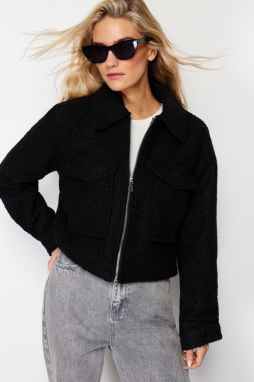 Trendyol Black Regular Pattern Boucle Crop Thin Coat