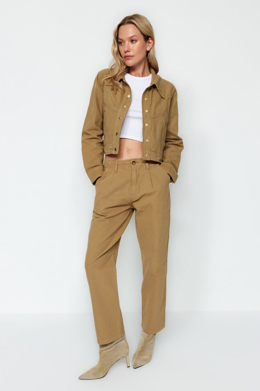 Trendyol Camel Pleated High Waist Straight Jeans