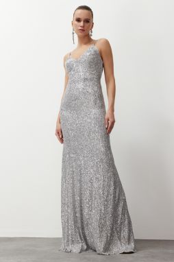 Trendyol Gray A-Cut Knitted Sequin Long Evening Evening Dress